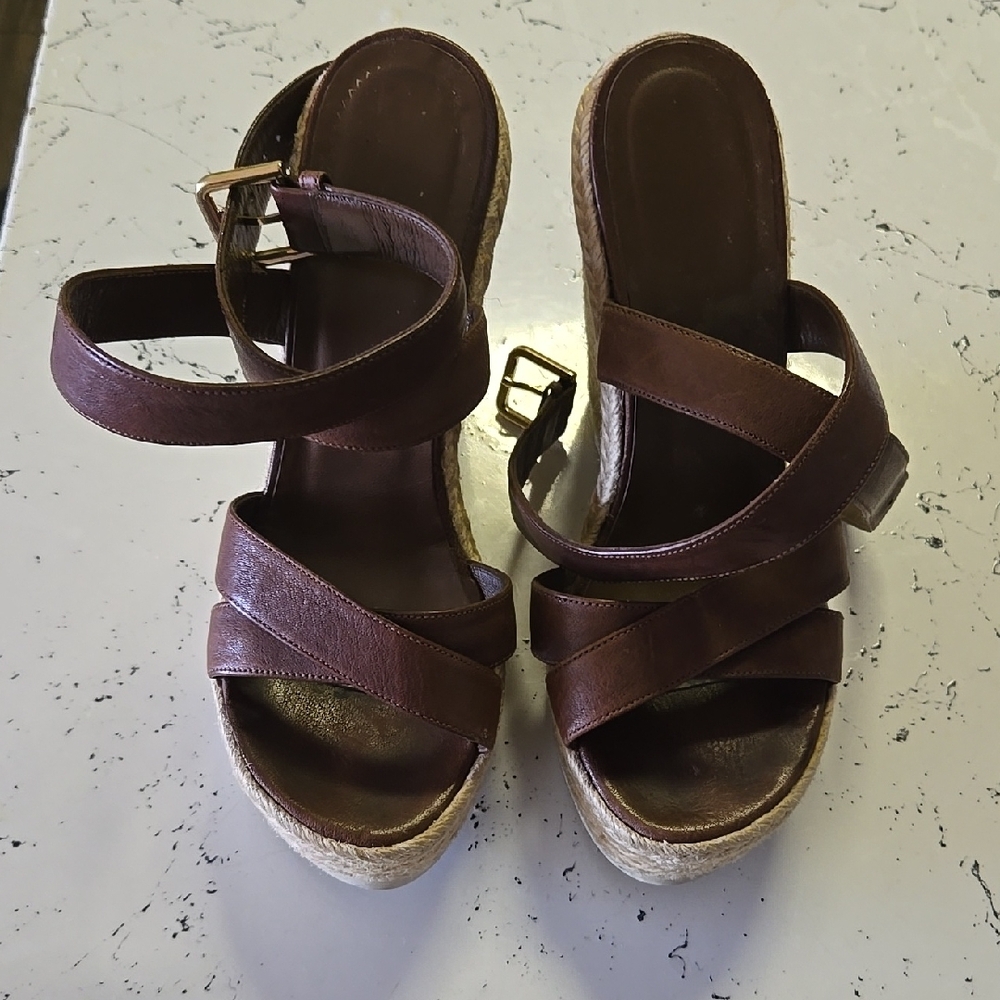 Yves Saint Laurent Brown Tan Wedge Sandals with Suede Straps